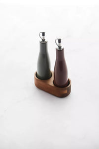 Set bouteille à huile et vinaigrier avec support en acacia