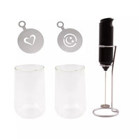 Latte set of 2 double-walled glasses (350ml), milk frother, and art stencil