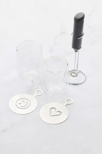 Cappuccino set van 2 dubbelwandige glazen 250ml, melkopschuimer en stencil