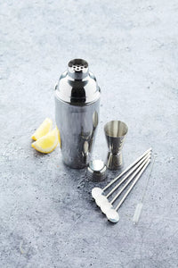 Cocktailset met Cobbler shaker, cocktailmaatje en 4 rietjes/lepels