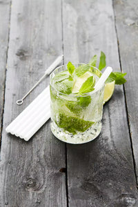 Set van 6 korte glazen rietjes wit met reinigingsborstel en zakje