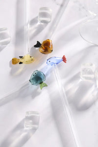 Set van 2 rietjes met vis uit borosilicaatglas en borstel 20cm