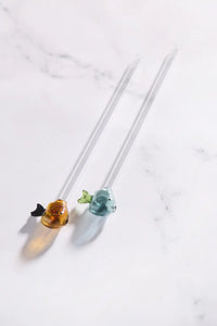 Set of 2 straws with fish made of borosilicate glass and brush 20cm