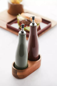 Set bouteille à huile et vinaigrier avec support en acacia