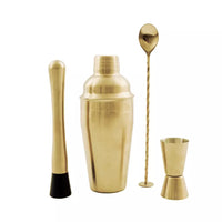 4-piece cocktail set gold: spoon - jigger - muddler - cobbler shaker