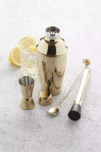 4-piece cocktail set gold: spoon - jigger - muddler - cobbler shaker