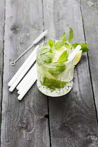 Set van 6 korte glazen rietjes wit met reinigingsborstel en zakje