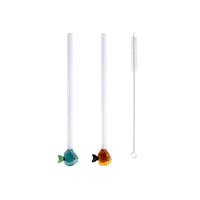 Set of 2 straws with fish made of borosilicate glass and brush 20cm