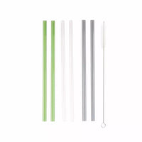 8 pailles en verre transparent, gris et vert avec brosse et sachet