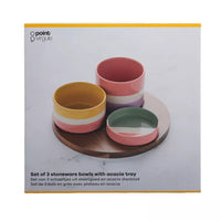 Sharing Summer set van 3 schaaltjes uit steengoed en acacia dienblad 25x25x17cm
